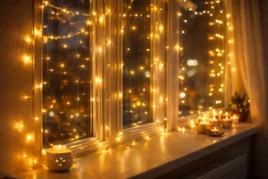 Warm fairy lights around windows or mirrors
